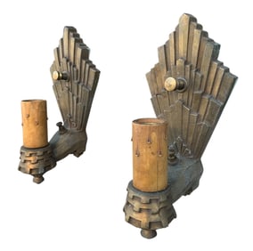 Pair Art Deco Gilded Cast Metal Electrified Candle Sconce Wall Lights