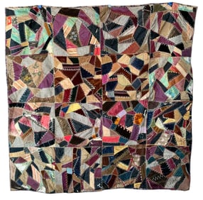 Victorian Hand Sewn Crazy Quilt, Floral Painted & Embroidered Antique Bed Coverlet