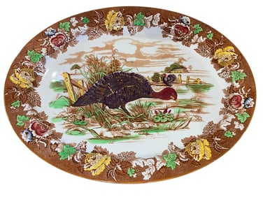 Huge Antique Enoch Woods English Harvest Multicolor Transferware Turkey Platter Serving Dish