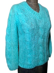Mid Century Turquoise Cable Knit Mohair Wool Blend Ladies V Neck Sweater