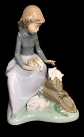 Fine Lladro Spanish Porcelain #1026 Young Girl with Rabbits Statue, with Box