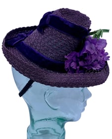 1940s Miniature Tilt Top Scalloped Woven Straw Plum Hat & Vintage Elder's Dayton Ohio Hatbox