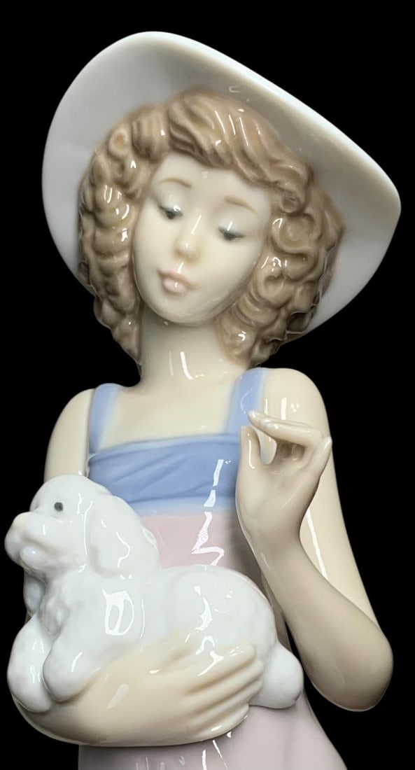 Fine Lladro NAU Girl with Pampered Poodle Spanish Porcelain Statue: Large 10" x 4" x 3 1/4" size, no structural issues, soft muted hues, beautifully crafted.