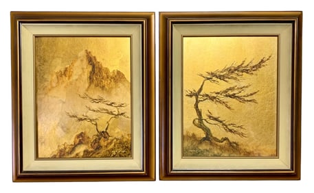 Pair Mid-Century LES PARISCH Gold-Leaf Framed Artwork
