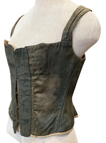Antique Pine Green Linen Woman's Shoulder Strapped Corset, Boned Undergarment
