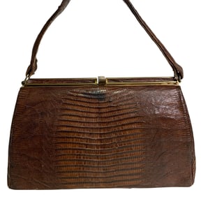 Vintage Bellestone Reptilian Lizard Skin Coco Brown Framed Handbag