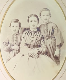 Civil War Era Oval Framed Sibling Photograph & 2 Pairs of Children's Leather Straight Boots