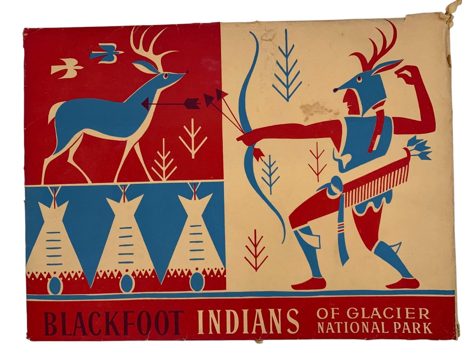 1958 24 pc Great Northern Railway Co Blackfoot Indians Color Prints & Storybook: 24 12" x 9" colored prints, historical booklet on the Blackfoot Indians (by Claude E Schaeffer) and the original envelope which has shelf wear, c1958.