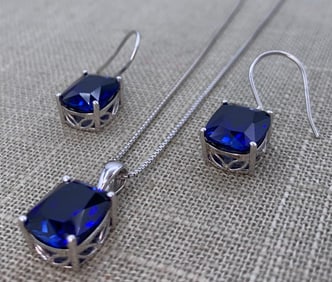 Incredible 11.55 CTW Created Sapphire Gemstone Sterling Silver Pendant & Pierced Hook Earring Set