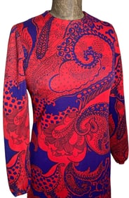 1960's A L'Aiglon Original Scarlet & Cobalt Polyester Vintage Midi Dress