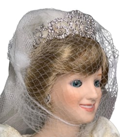 NOS Princess Diana Danbury Mint Commemorative Edition Bisque Bride Doll, Diamond Tiara & Earrings
