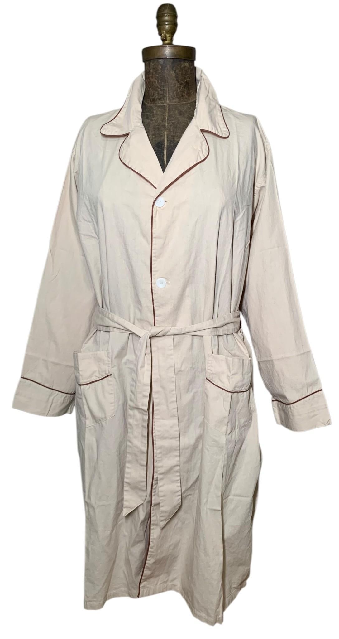 Mid Century Sanforized Men's JAYSON Fawn Cotton Belted Night Coat, Lounge Robe: Soft fawn cotton with cocoa piping, 48" chest, x 42" length, self fabric belt, hip pockets, stable fabric, Jayson's label, light storage wrinkling.