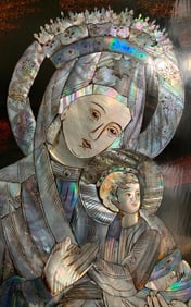 Two 1960s Vietnamese Inlaid Mother of Pearl Madonna & Christ Spiritual Deity Lacquer Wall Plaques