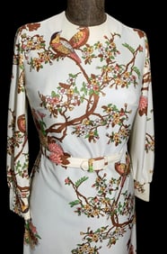 1960's Leslie Fay Knits Oriental Chinoiserie Vintage Belted Dress