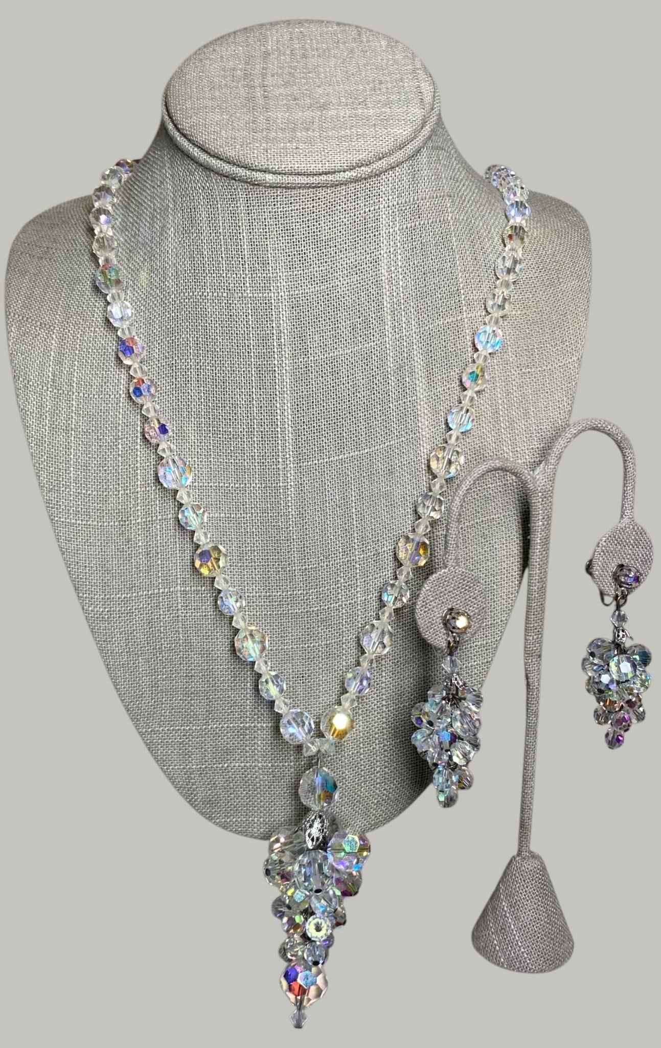 25 pc Vintage Rainbow Aurora Borealis Faceted Crystal Jewelry Collection: Outstanding variety, working closures, pierced and clip earrings, Mid Century to 90s.