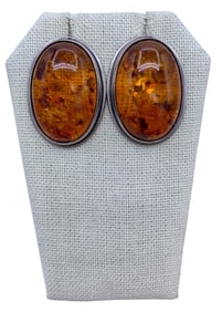 HUGE 13x8mm Sun Spangled Baltic Amber Cabochon Sterling Silver Pierced Earrings