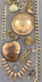 18 pc Mid Century Beauty Compacts & Vintage Golden Costume Jewelry Collection