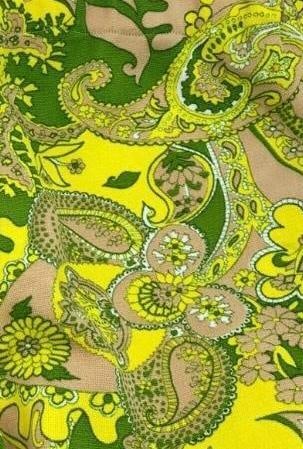 1960s Psychedelic Lime & Yellow Paisley Midi Tunic & Slacks Ensemble: Never completed sewing project with unfinished hems at the neck, arms and thigh (top) and the ankles (pants), working plastic zipper, electrically vibrant polyester fabric, ruched elastic waistband wi