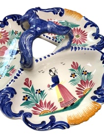 Antique French Henriot Quimper Faience Pottery Figural & Floral Serving Dish