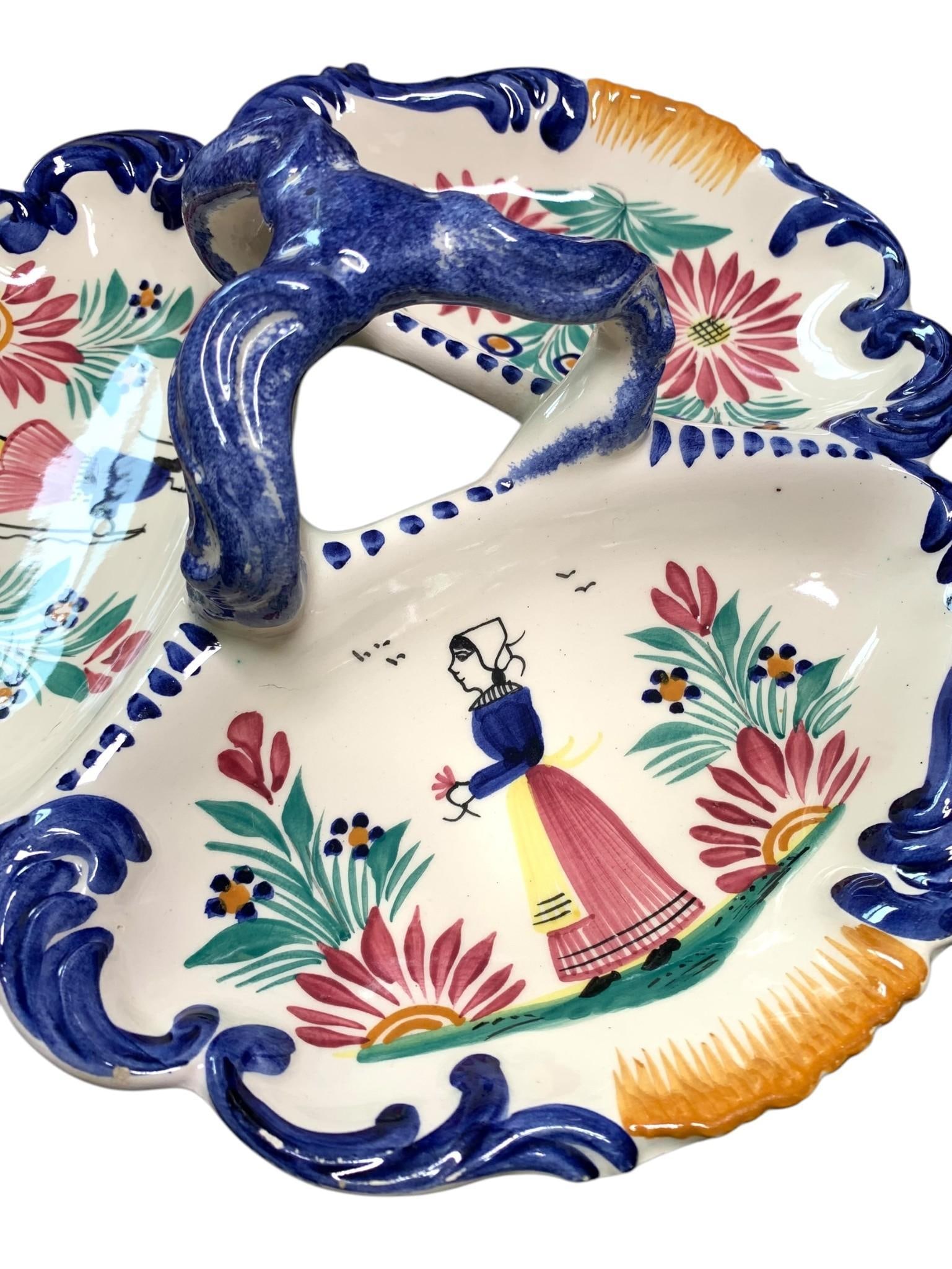 Antique French Henriot Quimper Faience Pottery Figural & Floral Serving Dish (1 of 7)