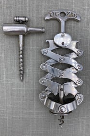 2 Antique French Champagne, Wine, Expandable Scissor Arm Zig Zag Corkscrew Bottle Openers, 1 in Box