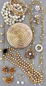 Mid Century Beauty Compact & Gilded Faux Pearl Jewelry Collection