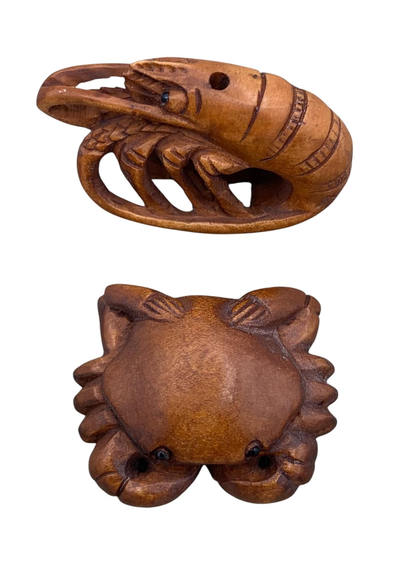 Pair of Hand Carved Signed Japanese Crab & Shrimp Boxwood OJIME Inro Beads, Netsuke (1 of 14)