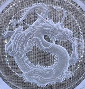 Incredible HOYA Japanese Crystal Frosted Intaglio Dragon Champagne Bottle Coaster: 5 1/4" x 1", hefty in weight, exceptionally carved, crystal clear with no structural issues.
