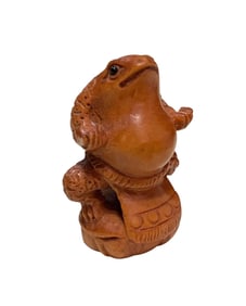 Trio of Hand Carved Signed Japanese Sumo Toad/Frog & Fish OJIME Inro Beads, Netsuke