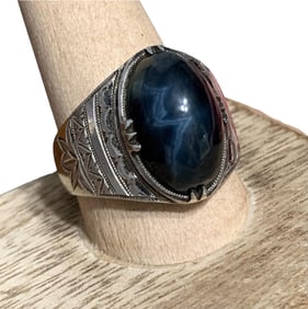 Incredible Art Deco 17x11mm Dark Blue Tigers Eye Cabochon & Sterling Men's Ring