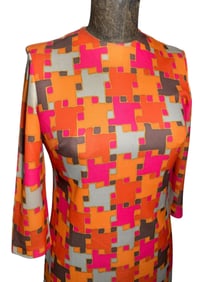 1960s Pop Art Hot Pink & Tangerine Mod Midi Dress