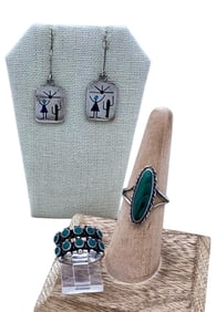 Diaguitas Inlaid 975 Silver Earrings & 2 Malachite Sterling Silver Rings