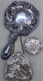 Sterling Silver Gorham Compact, Art Nouveau Looking Glass & Art Deco Silvered Metal Mesh Evening Bag