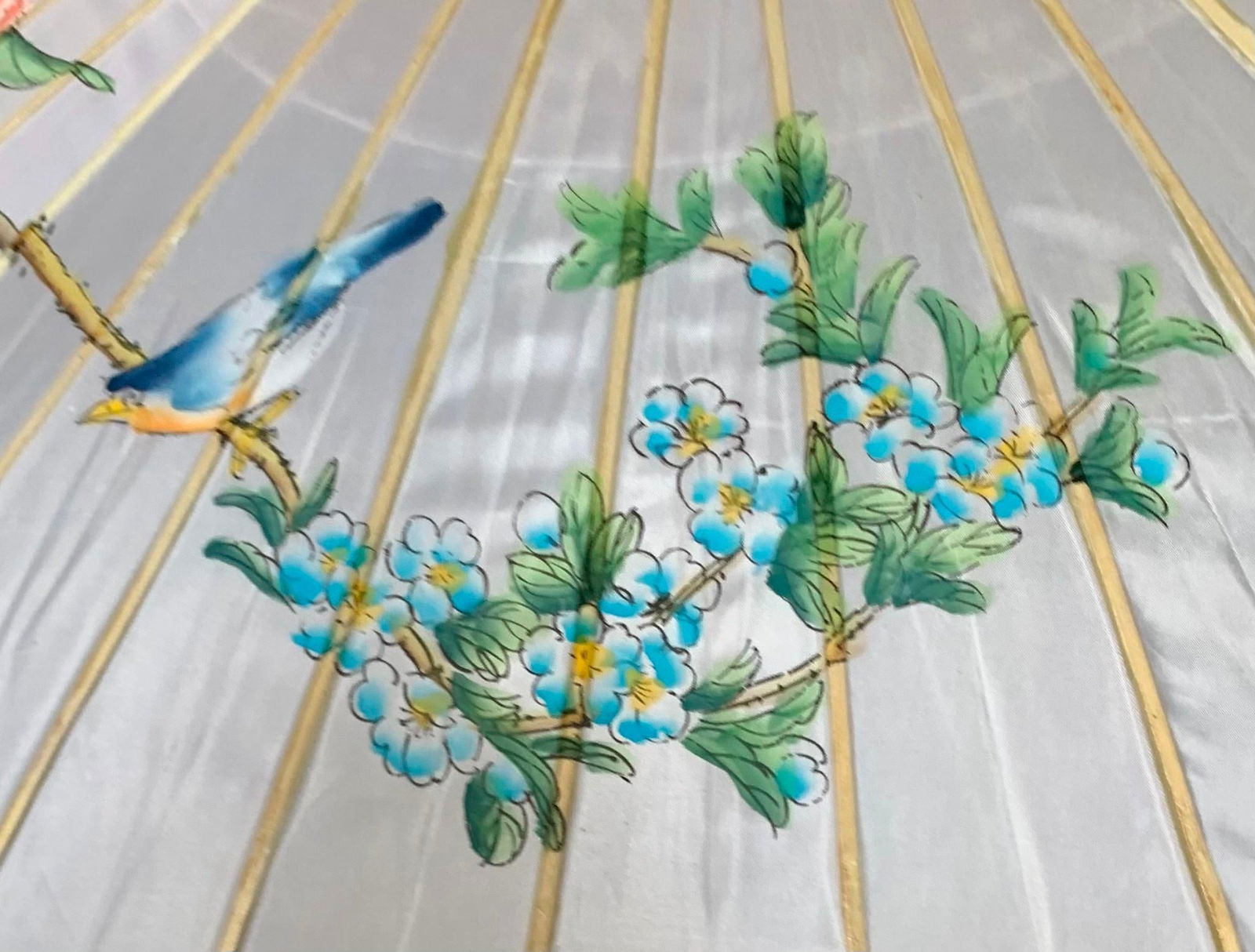 Mid Century Hand Painted Oriental Bird & Floral White Silk Chinese Shade Parasol (1 of 18)