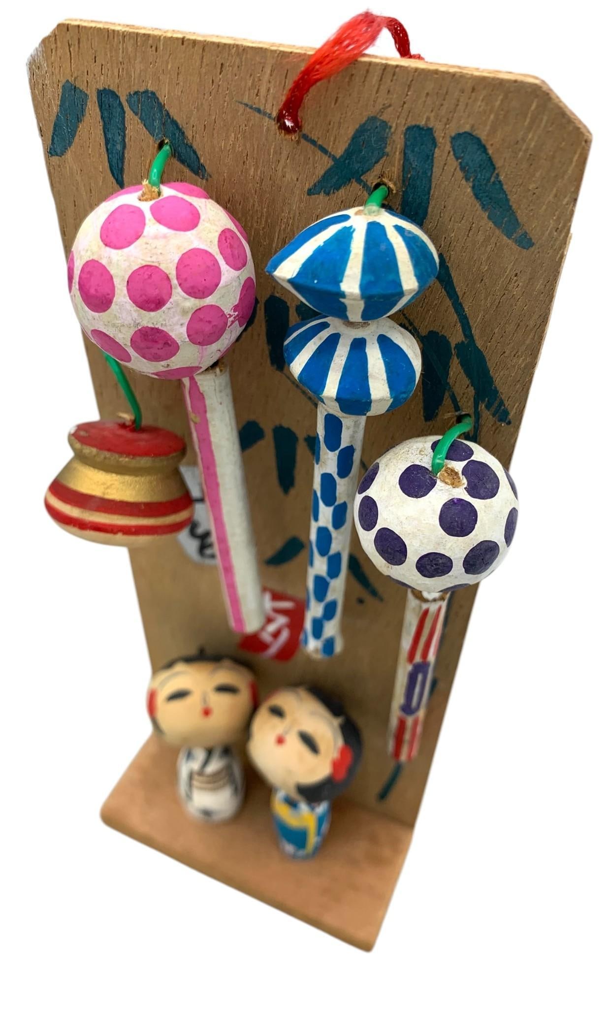 Mid Century Japanese Wooden Kokeshi Doll Paper Lantern Handmade Folk Wall Hanging Vignette (1 of 7)