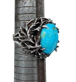 Custom Made Silver Branched Nest 16x12mm Turquoise Cabochon Silversmith Crafted Ring