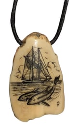 Maritime Hand Carved Tallship & Dolphin Nautical Seaside Scrimshaw Pendant
