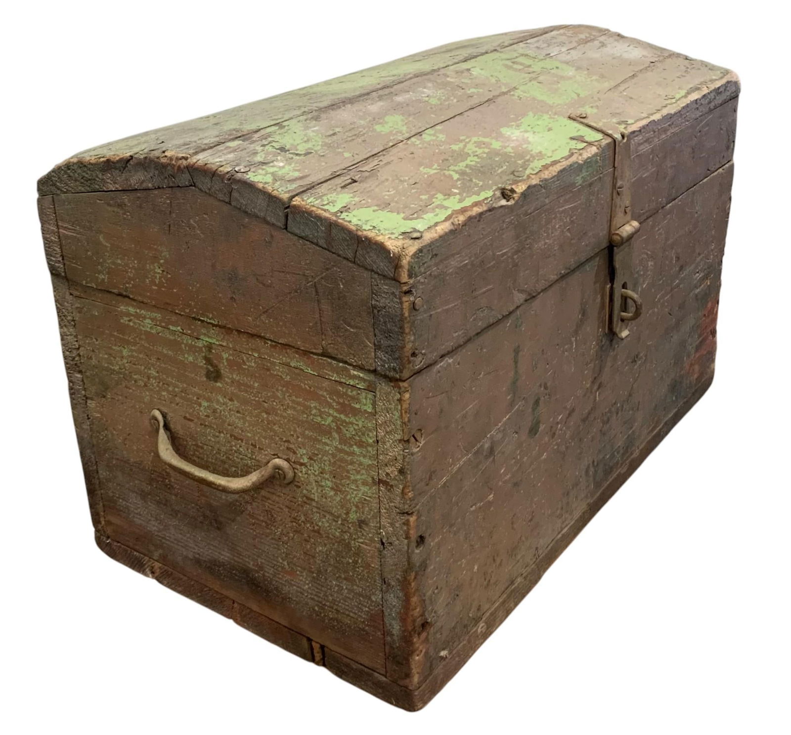 Early Primitive Wild West Angled Lid Green Paint Wood Plank Travel Trunk, Storage Chest (1 of 9)