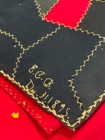 Dec. 31 1895 Hand Embroidered Feather Stitch Antique Crazy Quilt Turkey Red Hand Tied Coverlet