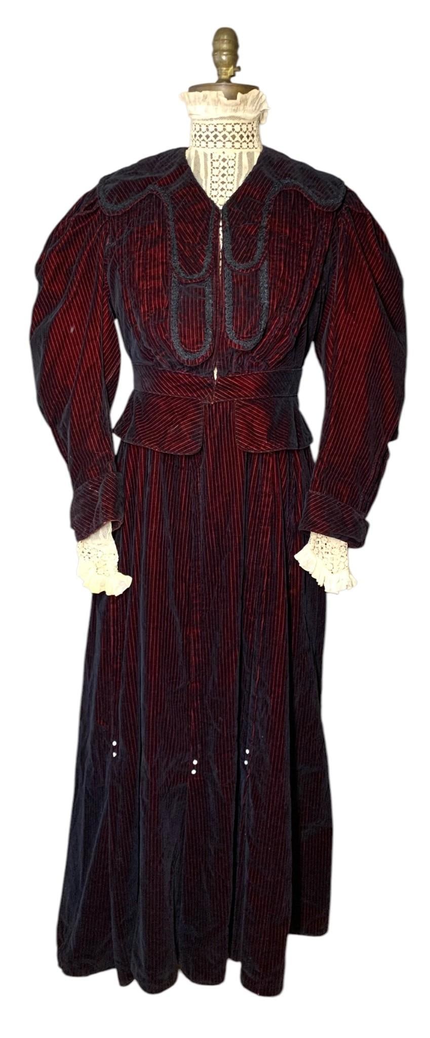 Exceptional c1905 Striped Garnet Red Velvet Bolero Bodice & Skirt Ensemble (1 of 20)