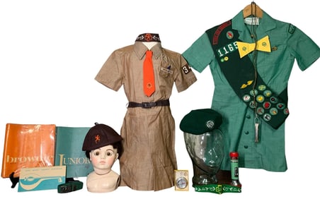 Mid Century Brownie & Girl Scout Uniforms, Accessories, Books, Knife, Compass, Flashlight Collection