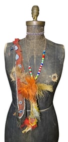 19th Century Native American Indian Beaded Wool Panel, Woven Horsehair, Feather Silk & Bead Necklace