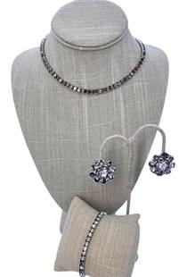 25 pc Opulent 1930s to 90s Vintage Rhinestone Jewelry Collection: Eisenberg, MCM Coro, Art Deco: Loads of glitz and glam in this collection with a 1940s Choker/bracelet/clip earring demi-parure - E Eisenberg hallmark on the earrings, rhinestone studded Octopus and Starfish brooches, gli