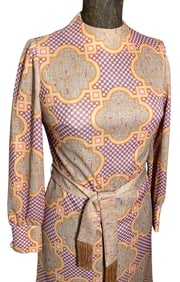 1960s Leslie Fay Original Pink & Tangerine Moroccan Print Polyester Belted Midi Dress