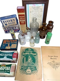 18 pc Vintage Medical Remedy Bottles, Soaps & Ephemera Collection