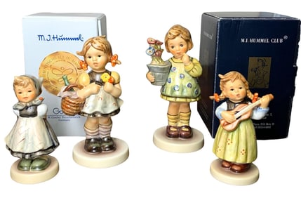 4 German Goebel Hummel Figurines: Hummel Club #463/0, #563/0, #557 w Box & Ltd Edition #498 w Box