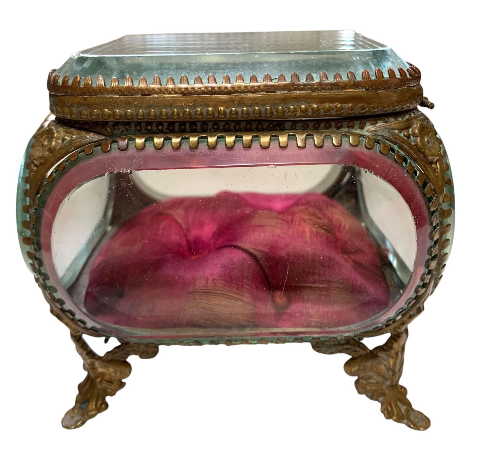 Ornate Antique French Beveled Glass Jewelry Casket, Reliquary, Tufted Silk Lined Footed Ormolu Box (1 of 14)