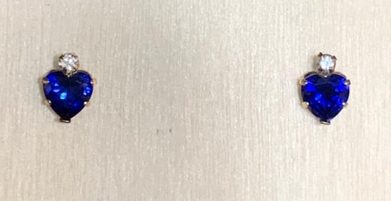 14k Yellow Gold, Diamond & Heart Shaped Created Sapphire Pierced Earrings