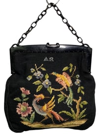 Large 1930s Bird Needlepoint Handmade Traveling Handbag with Makers Initials
