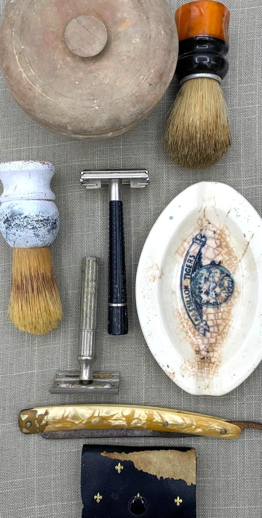 8 pc Antique to Vintage Shaving Straight, Safety, Razor & Accessories Collection: Including Goldedge Dubl Duck celluloid straight razor(nip out of blade), Schick and Gillette safety razors, leather Austrian travel pack with Gillette razor, Vulcanized Bakelite (separation near